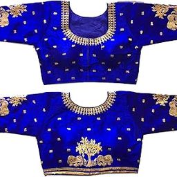 Women's Multicolor Phantom Silk Heavy Elephant Gold Thread Embroidery Sequins zari Work Half Sleeves Readymade Saree Blouse (38 Size +Margin)-image-1