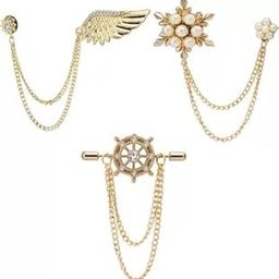 Rose Gold Plated Men'S Jewellery Combo Of 3 Designer Indo Western Lapel Pin Brooch Enhanced With Crystal Stones And Pearls For Boys And Men CO1000210-54