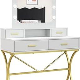 Vanity Table with Lighted Mirror, Modern Makeup Vanity Table with 10 Lights Makeup Desk 4 Drawer Storage Dressing Table for Bedroom (White)-22