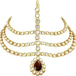 Gold Plated 3 Layer Traditional Crystal White Kundan Matha Patti/Maang Tikka for Women-image-45