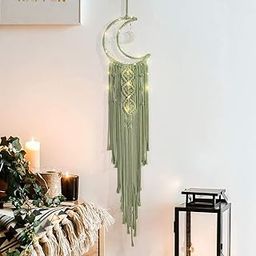 ZAZZISH House - Boho Macrame Woven Wall Hanging, Crochet Crescent Moon Dream Catcher with Long Tassel- White Cotton Handmade Bohemian Nursery Decor Art Craft. (Without Light) (Green)-picture-4