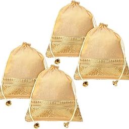 Potli | Tissue Fabric with Banarasi Border | Wallet Potli | Traditional Indian Drawstring Bags for Wedding | Shagun | 7x9 Inch | Pack of 4 | Golden-image-90
