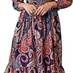 Western Dress for Women| Printed 3/4 Sleeve Rayon Blend WesternBelow The Knee Dress for Women | V-Neck A-Line Dress for Women | One Piece Dress for Women-image-73