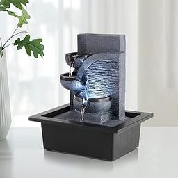 Mahganya Polyresin Table Top Brown Color Indoor Waterfall Fountain for Home Decor with Yellow LED Lights & Water Flow Controller Pump (Size: 20x 12x 12CM)-image-35
