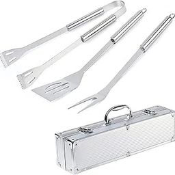 KIRFIZ 3 Pcs Silver Stainless Steel Barbecue BBQ Tool Kit Set Grilling Utensils Spatula Tong, Fork, Storage Carry Bag-image-26