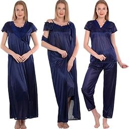Women's Satin Nighty Robe, Top & Night Dress Set of 4 (Navy Blue, Free Size)-image-76