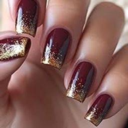 Set Of 14Pc, Press-On, Short Square Glossy Maroon And Gold Ombre, Nail Extensions With Free Glue Kit-image-33
