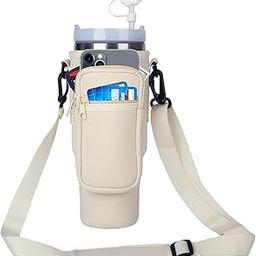 ARURA (LABEL) Water Bottle Carrier Bag with Phone Pocket for Stanley Cup 40/30 oz, Water Bottle Holder with Adjustable Strap & Straw Cover, Stanley Cup Accessories (Beige)-image-37
