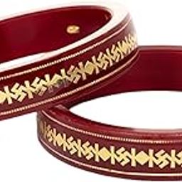 by Ashok Jewellers 22kt (916) Yellow Gold Pola Bangles/Gold Wedding Chooda for Women with Purity Certificate and 916 Stamp (Set of 2pcs) - Red (Double Gold Strip with Swastik)-image-41