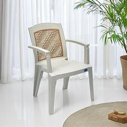 Nilkamal Illusion Plastic Chair with Arm|Illusionary Netted Design Backrest|for Dining Room, Garden, Cafes, Kitchen, Balconies, and Gatherings|Silk Grey/Sandy Brown-31