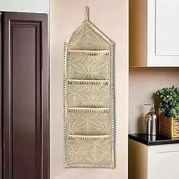 Kuber Industries Wall Hanging Closet Organizer for Wardrobe with 3 Pockets & Zip | Letter Holder, Socks & Tie Storage Pouches | Leaf Design -Golden-image-33