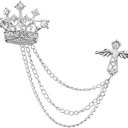 Men's & Women Regal Crown Suit Shirt Stud Lapel Pin Chain Tassel Brooch Pin with Crystal Chain(Silver)-image-87