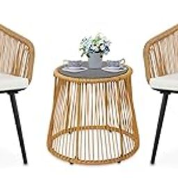 YIYAN 3-teilige Outdoor PE Rattan Bistro Möbel Set Patio Rattan Gespräch Set Patio Möbel Set Glas Couchtisch Top und 2 Stühle mit Kissen Lumbar Kissen für Yard Garten Veranda Bistro, weiß-image-8