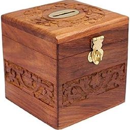 MFS Craft World™ Wooden Money Bank, Coin Holder, Piggy Bank (Brown) Square karwig Work-image-50