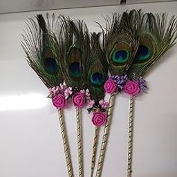 ASHGUJ Original Natural Peacock Feather Stick | Morpankhi with Golden Ribbon & Decorative Rose for Wedding Pooja Home Decor Items (Pack of 5)-17