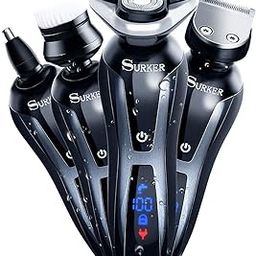 SURKER 3 in 1 Electric Cordless Waterproof USB Rechargeable Dry Wet Grooming Beard Electric Shaver Trimmer Kit with Facial Cleansing Brush for Men for Nose, Hair, Black-32