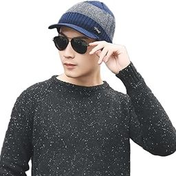 Stretchable Visor Winter Cap for Boys Mens Woollen Knitted Hat Winter-Autumn Plain Weave Universal Size Caps (Blue-Gray-4020)-image-78