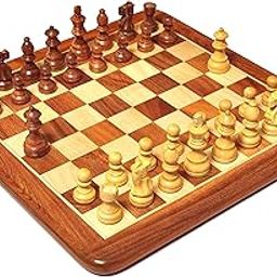 Palm Royal Handicrafts Wooden Chess Board Set with Chessmen King Size 3" Made with Finest Indian Rosewood 32 Pieces and 2 Extra Queens, Brown, 16" x16" inch (with Storage Bag)-23