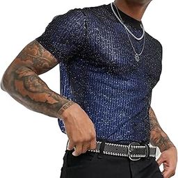 Men's Sexy Glitter Shirt Top Transparent Lace Short Sleeve T-Shirt Sheer Mesh Vests to Show Muscles, blue, L-picture-10