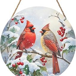 Winter Welcome Sign for Front Door, Cardinal Bird Wood Door Hanger for Outdoor Outside Porch, Christmas Cardinal Round Hanging Signs Holiday Decorations for Home Wall Porch Yard Farmhouse-picture-16