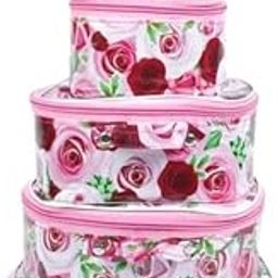 AA COLLECTION Floral Travel Cosmetic Organizer Set, 5 Round Storage Cases, Blue and Pink Rose Pattern with Purple Zippers (Multicolour 13)-image-67