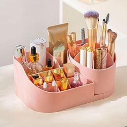 Roktry Makeup Organiser Cosmetic Makeup Lipstick Storage Box with Drawer Plastic Case Holder Skin Care Products for Dressing Table (360 Rotation-PINK)-image-50