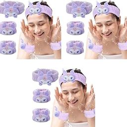 Kuromi Spa Headband for Skincare Facial Band Women Cute Wrist Face Wash Elastic Plush Headband Wristband Combo 9PCS Makeup Face Washing-image-4