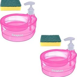 SWAPKART Plastic Pack of 2 Double Layer Soap Dispenser for Bathroom Accessories Dishwasher Liquid Holder Dispenser Pump with Sponge Holder Kitchen Sink Accessories Items (Pink)-29