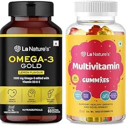 La Nature's Omega 3 Fish Oil Gold Capsules Lemon Flavour & Multivitamin Gummies with Essential Vitamin A, B12, C, D, E Superfood for Immunity Development of Kids & Adults Combo Pack-image-63