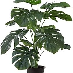 Artificial Monstera Plants Rubber Leaves Faux Turtle Leaf Fake Tropical Large Palm Tree Green Leaves Outdoor Leaf Decorations | 18 Leaves Plants | 26Inch Plants | with Blackpot-4