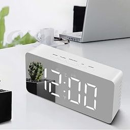 black sparrow Digital LED Mirror Alarm Clock for Heavy Sleepers – Large Display with Time, Date, Temperature & Automatic Sensor Loud Desk Clock for Students, Home, Office, Bedroom & Kitchen Silver-9