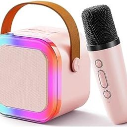 Portable Karaoke Speaker Set with LED Lights, Wireless Microphone, Pink-14