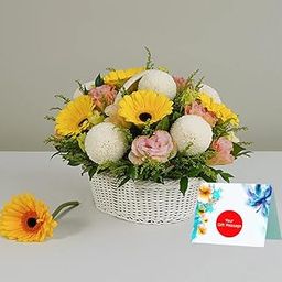 EG2i 10 Yellow Gerberas, 10 Pink Carnations, 3 White Chrysanthemums with Golden Rod & Green Fillers | Gifts for Birthday, Anniversary, Valentine's Day, Love, Girlfriend/Boyfriend | Same-Day Delivery-picture-21