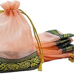 Soul Artisan Potli Drawstring Bag Pink Tissue Silk with Blue Zari Border for Return Gifts, Wedding, Baby Shower, Haldi Functions, Dry Fruit and Jewelry Packaging Size 12X18 cm | Pack of 10-image-67