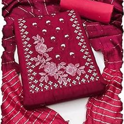 Women’s Cotton Blend Embroidered Unstitched Salwar Suit Material with Jari Sequence Shaded Dupatta | Party Wear Pakistani Suit-image-44