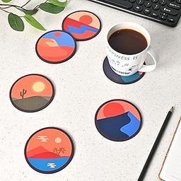 GKD Wooden Coasters Set of 6 with Stand | Round Drink Coasters for Tea, Coffee, Water | Designer Table Coasters for Home & Office | Sunset Dreams | 3.5 x 3.5 Inch (Eco-Friendly)-68