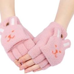 Women Girls Flip Top Gloves Cartoon Fingerless Winter Mitten Warmer Knitted Rabbit Pattern Texting Elastic Gloves Soft Hand Wear with Covers for Running Outdoor Sport Mittens-image-71