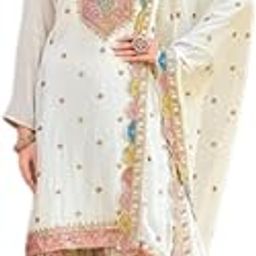 Traditional Indian Palazzo Suit Set, White Embroidered Kurta with Printed Sharara, Pink and Blue Embellished chinon knne length 3/4th sleeve|women kurta sets|part wear|wedding|beautiful-image-2