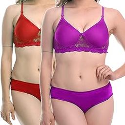 Women Padded Set Lace Cotton Non Wired Full Coverage T-Shirt Push up Teenage Regular Comfortable Combo Pack Multi-Color Cup B-image-2