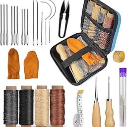 BACHUDO Portable Leather Sewing Kit | 27 pcs Leathr Working Tools,Leather Stitching Kit with Waxed Thread,Sewing Needles for Carpet,Shoes, Sofa Repair | Goods Making Hand Sewing Tools(1, Black Color-image-96