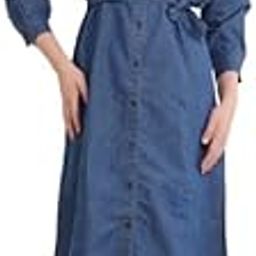 Women's Button-Down Cotton Denim Maxi Dress with Waist Tie Belt-picture-7