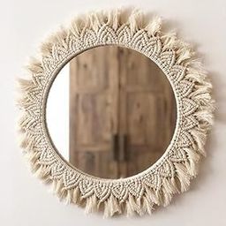 ALFA CRAFY Macrame Wall Mirror with Fringe, Round Decorative Mirror, Boho Home Decor, Cream Cotton-image-27