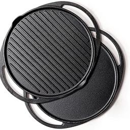 Meyer Pre-Seasoned Cast Iron 2 in 1 Grill and Griddle Pan | Cast Iron Tawa for Dosa | Roti Tawa Cast Iron | Cast Iron Grill Pan | Iron Tava Big Size, 30cm, Black-image-90