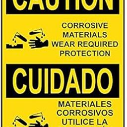 Weatherproof Plastic Vertical OSHA Caution Corrosive Materials Bilingual Sign with English & Spanish Text and Symbol-image-97