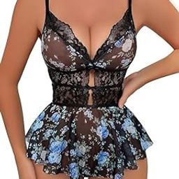 Daisy Lace Babydoll Nightwear - Women's Floral Chemise One-Piece with Lace Babydoll Lingerie Mesh Wedding Nightie Bridal Dress Honeymoon Valentine Nightdress (Black, Medium)-image-98