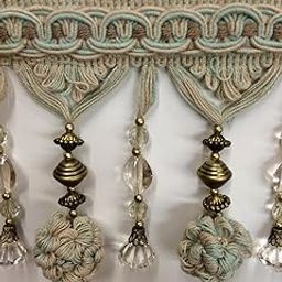 4.5" Pom Pom Crystal Beaded Fringe Trim by The Yard (Linen) TF-45-L/6-39 Biege & Aqua-image-14
