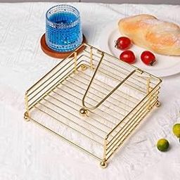 AZMA Napkin Holder for Dining Table - Square Shaped with Weighted Arm - Modern Tissue Paper Holder for Kitchen, Restaurant, Farmhouse, Gold - Diwali Decoration - Hotel Tableware (Gold)-12