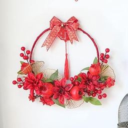 MERISHOPP Novelty Wreath Pomegranate Garland for Front Door Holiday Chinese New Year 30cm Outer Diameter| Artificial Flower Bouquet | Floral Décor for Home-image-23