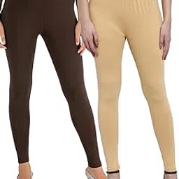 valles365 by s.c. Women Pack of 2 Brown & Light Beige Cotton Lycra Ankle Leggings (Freesize)-picture-0