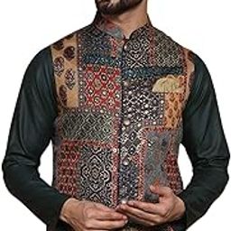 Men's Ethnic Wear Regular Fit Printed Cotton Blend Multi-Green Nehru Jacket-4